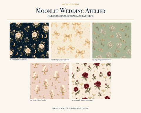 Moonlit Wedding Atelier – fünf abgestimmte Seamless-Muster als digitaler Download.