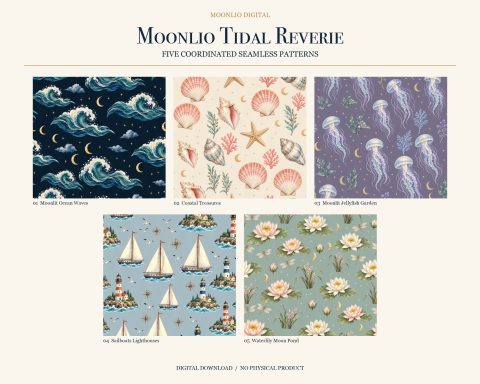 Moonlio Tidal Reverie – fünf abgestimmte Seamless-Muster als digitaler Download.