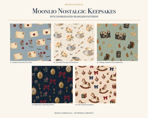 Moonlio Nostalgic Keepsakes – fünf abgestimmte Seamless-Muster als digitaler Download.