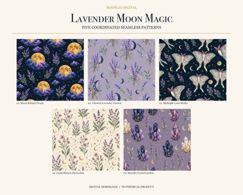 Lavender Moon Magic – fünf abgestimmte Seamless-Muster als digitaler Download.