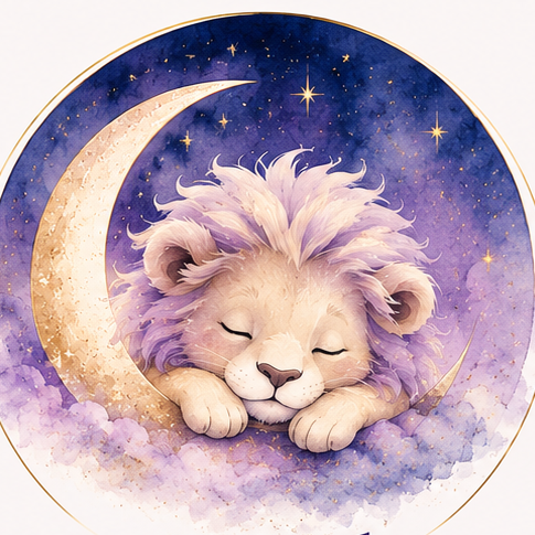 Moonlio Digital · Heller Aquarell-Löwe Der helle Moonlio-Löwe mit lavendelfarbener Mähne, Mondsichel und Sternen in Aquarell.