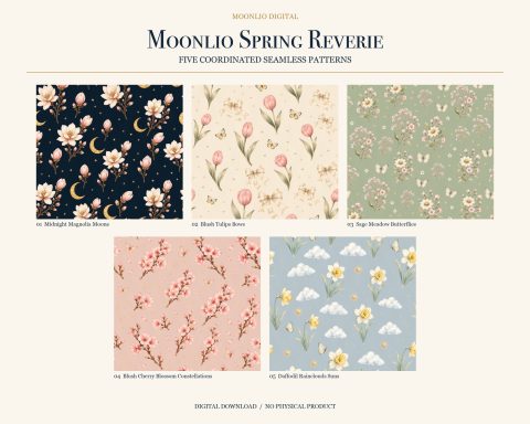 Moonlio Spring Reverie – fünf abgestimmte Seamless-Muster als digitaler Download.