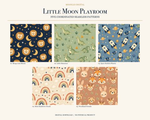 Little Moon Playroom – fünf abgestimmte Seamless-Muster als digitaler Download.